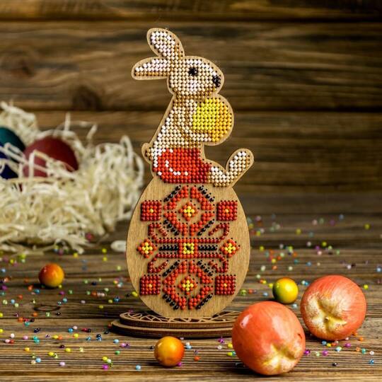 Wonderland Crafts Bunny Sitting on Red Egg Bead Embroidery on Wood Kit